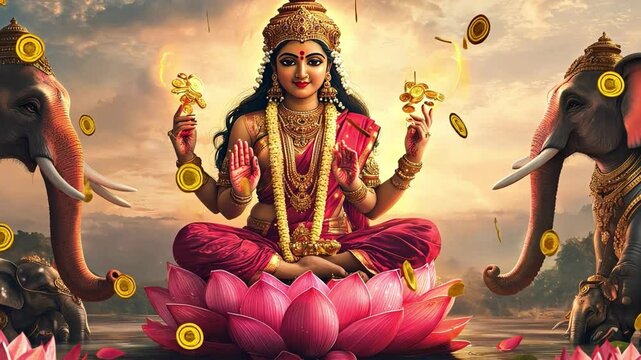 Goddess Lakshmi in Splendor:  The Hindu goddess Lakshmi, seated gracefully on a pink lotus blossom, surrounded by elephants and showering gold coins, embodies wealth, prosperity, and good fortune.