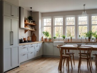 Fototapeta premium Bright spacious kitchen features plants light wood and gray cabinets