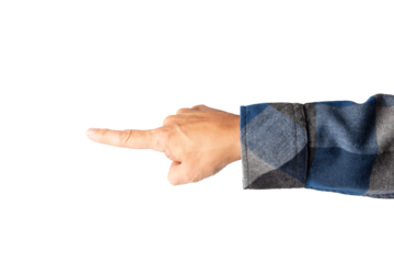 Male hand with classic square pattern blue shirt pointing with finger isolated no background cutout