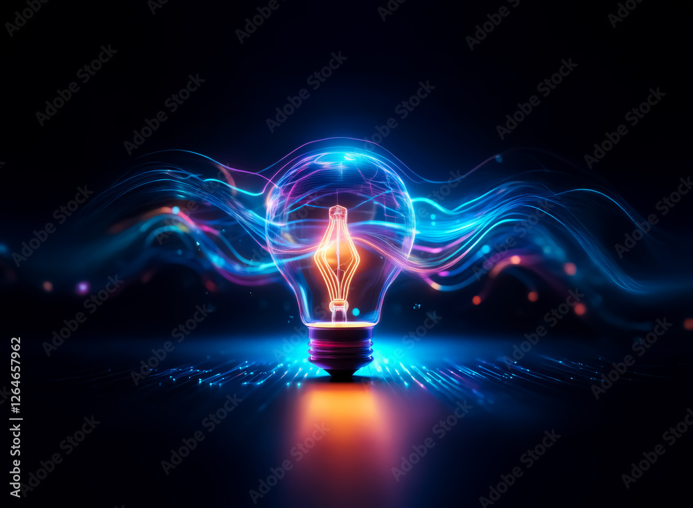 Wall mural A vibrant light bulb emits luminous blue and orange energy waves. The dark backdrop enhances the bright, futuristic glow of the electric illumination.