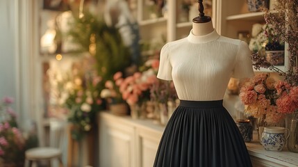 Fototapeta premium Elegant Vintage Fashion: A Black Pleated Skirt and Cream Knit Top