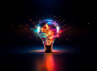 A vibrant light bulb bursts with colorful energy against a dark backdrop. The bulb emits bright, dynamic hues, creating a sense of innovation and brilliance.