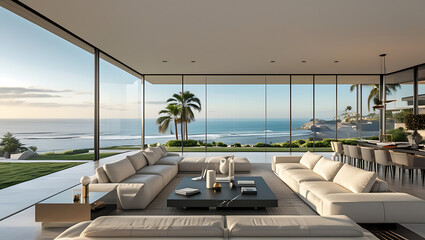 Fototapeta premium Luxury architecture, ocean front property landscape. Modern living room interior design with sleek contemporary designer furniture, minimalist decor large windows, panoramic coastal view background