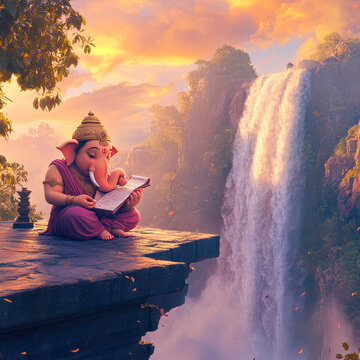 lord ganesha sitting near waterfall and reading book