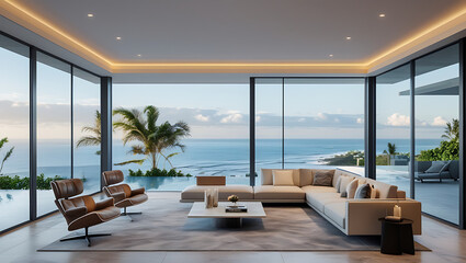  Luxury architecture, ocean front property landscape. Modern living room interior design with sleek contemporary designer furniture, minimalist decor large windows, panoramic coastal view background