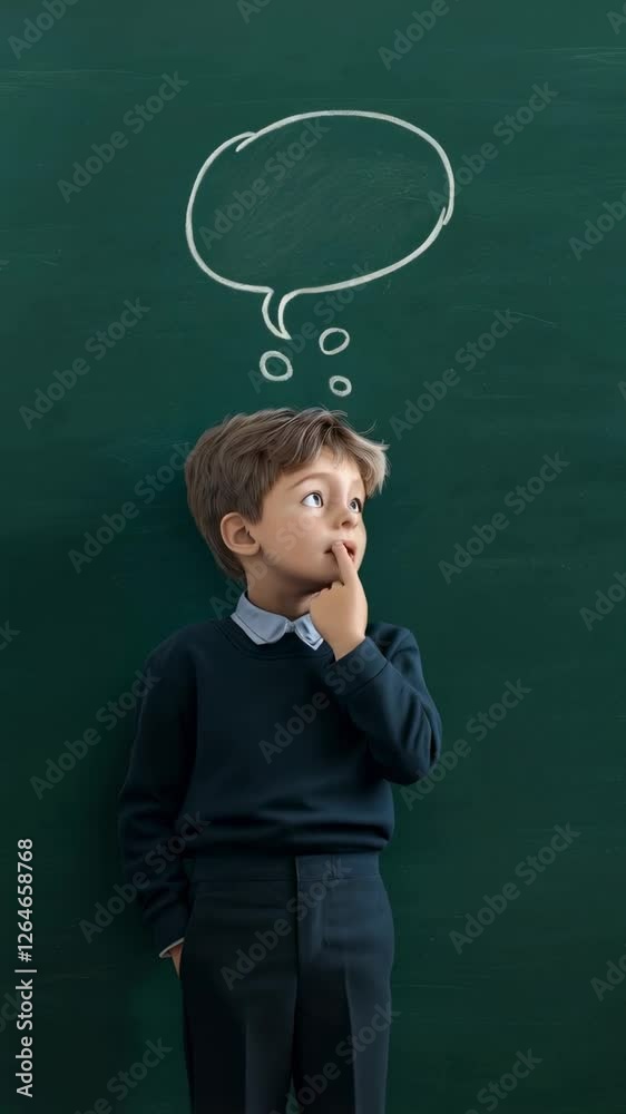 Poster Pensive schoolboy standing against a chalkboard, gradually erasing a thought bubble above his head in a slow motion sequence, suggesting a shift in thinking or problem solving