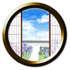 丸窓から望む菖蒲と猫