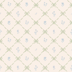 Beautiful vector coquette seamless pattern with damask print bows and classical vintage bouquet. Floral elegance print design for fabric, wallpaper or wrapping paper.