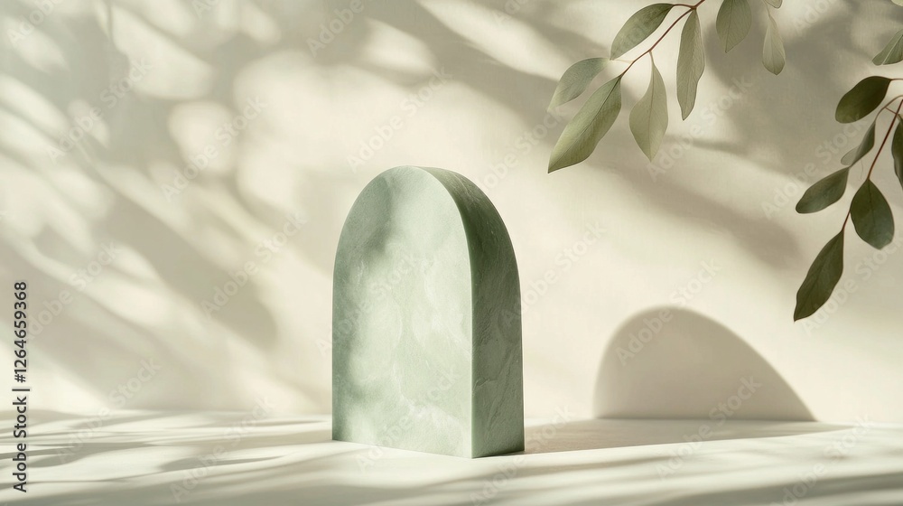 Aufkleber Soft natural light envelops a smooth arch-shaped object, creating an inviting display. Surrounded by gentle shadows from leafy plants, the peaceful atmosphere enhances its elegance