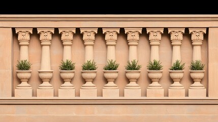 Fototapeta premium Beige Stone Balustrade with Green Plants in Urns