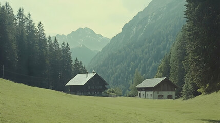 Obraz premium Serene mountain valley scene featuring two traditional wooden houses nestled amidst lush green pastures and towering evergreen forests, bathed in soft, tranquil light.