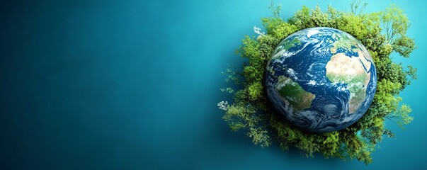 A beautiful Earth globe with ecological elements like trees and plants, set against a blue background with a banner for Earth Day Hour and environmental advocacy