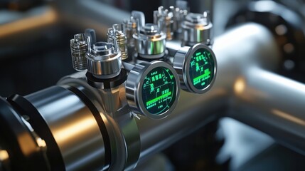 Industrial pipes showing pressure and temperature gauges with green digital displays