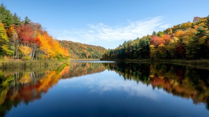 Fototapeta premium Autumn Lake Reflection: Vibrant Fall Foliage in a Calm Forest