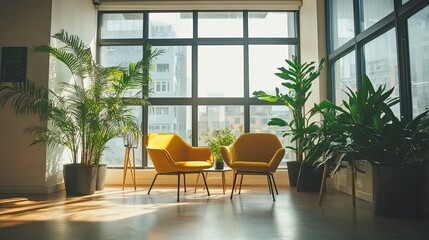 A modern office space with ergonomic furniture, natural lighting, and green plants, focusing on employee well-being.