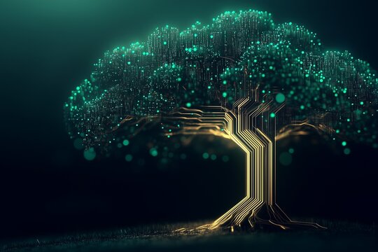 A digital tree composed of glowing circuits and small pixelated leaves, symbolizing the integration of nature and technology