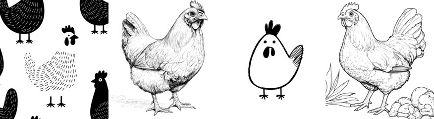 A vintage-style engraving or etching of a chicken or hen, depicted as a solitary farm bird against a white backdrop, rendered in modern monochrome hues suitable for posters, menus, websites, or logos © Andrei