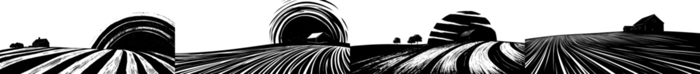 A rural landscape featuring a farm, depicted in an engraving style, has been hand drawn and transformed into a modern illustration