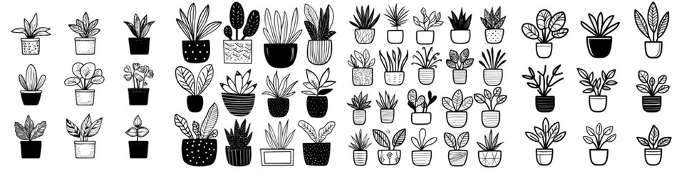 A set of hand-drawn plants in a pot, presented in a modern sketch doodle style