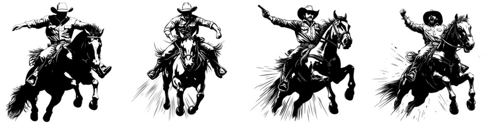 A Texas Ranger or Sheriff wearing a hat is depicted as a cowboy riding a horse, symbolizing the Wild West and country style in a vintage engraved hand-drawn sketch