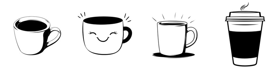 A hand drawn cartoon coffee cup icon that is cute, a modern black and white coffee cup icon that is sweet, and a monochrome doodle coffee cup icon isolated on a white background