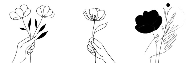 A modern illustration depicts a hand grasping a flower, created using a continuous line drawing technique