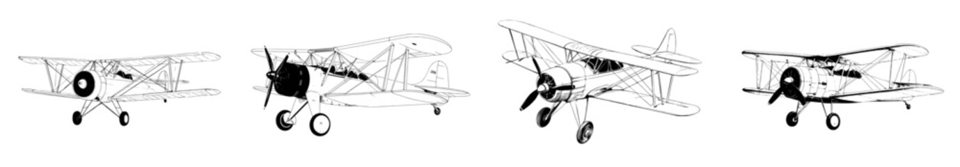 monochrome black graphic of a retro biplane airplane in modern clip art © Andrei