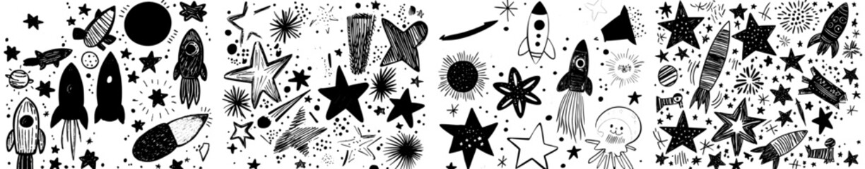 The illustration features hand-drawn stars, including doodles and starry icons, presented as a modern set of isolated star shapes