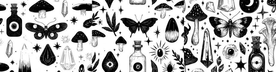 The modern seamless pattern incorporates mystical magic boho elements that are hand drawn on a white surface © Andrei