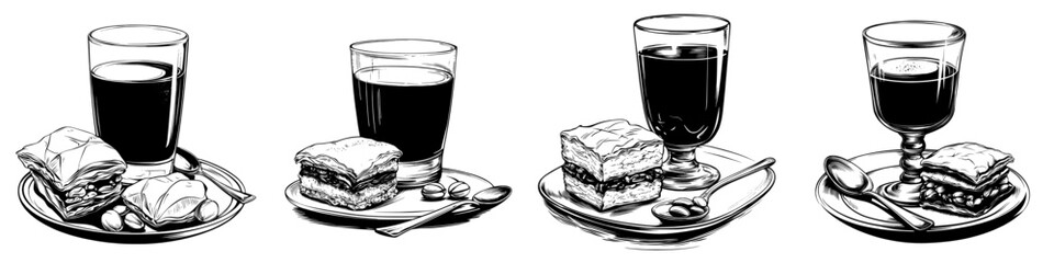 A classic glass of Turkish tea paired with traditional oriental sweet desserts, depicted in a retro hand-drawn modern illustration style