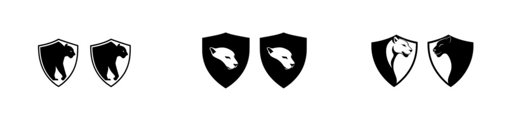 Modern black and white design featuring a wild roaring panther within a heraldic shield represents a security concept