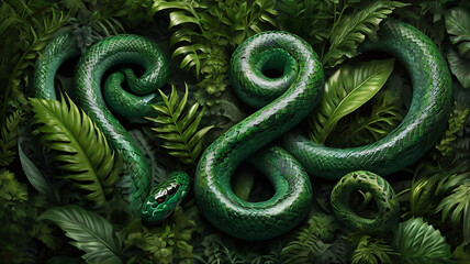 Fototapeta premium Fantustic Stunning 3D Realistic Green Snake in Lush Jungle – High-Detail Illustration