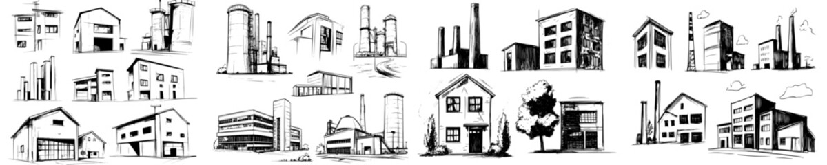 A set of four hand drawn cartoon building types illustration is available