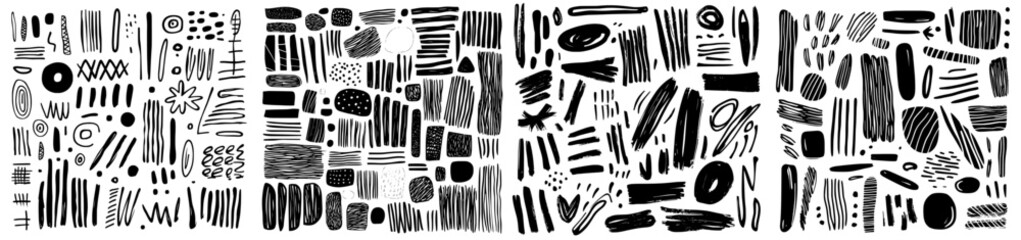 A collection of hand-drawn line borders, scribbled strokes, and design elements are showcased on a white background, featuring doodle-style brushes in a monochrome modern eps8 illustration