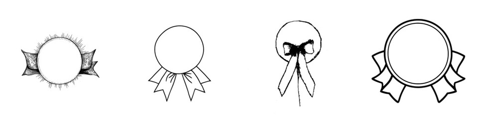 Modern illustration of a simple circular emblem with a horizontal ribbon at the bottom in monochrome sketch style
