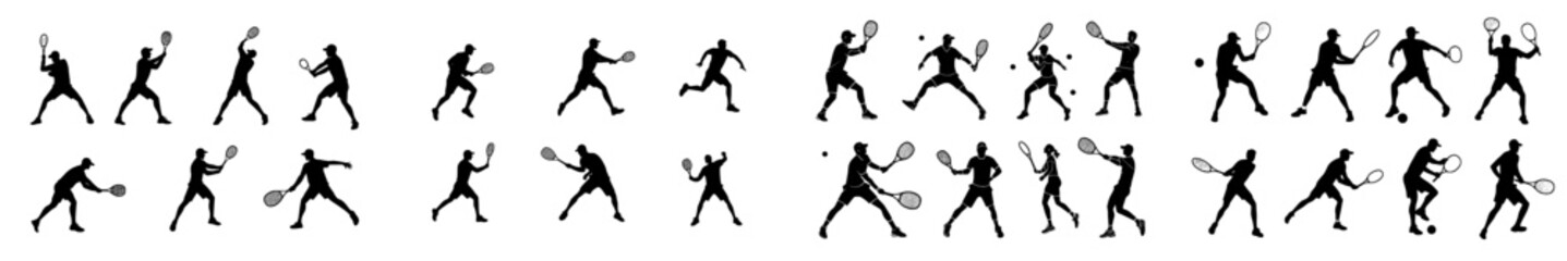 A collection of vintage tennis sport design elements presented in a retro aesthetic, featuring graphic monochrome art and modern illustration