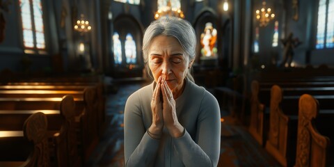 Fototapeta premium An elderly lady prays in church.