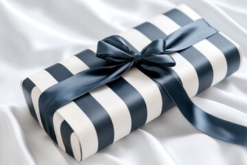 An elegantly wrapped gift with a striped pattern and dark blue ribbon, resting on a smooth, white satin fabric, conveying luxury and celebration.
