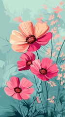 Colorful flowers bloom in a serene landscape with soft pastel tones and gentle foliage