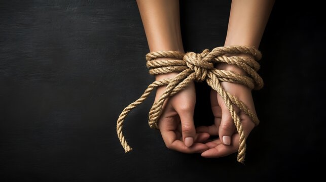 Female hands tied up with a rope on a dark background