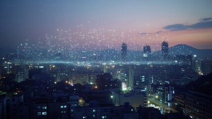 Obraz premium A cityscape at night, illuminated by neon lights 