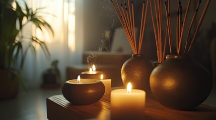 A serene meditation session with candles, incense, and calming music in a peaceful home environment.