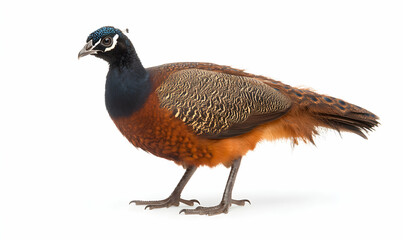 Stunning image of a vibrant, chestnut-colored Himalayan Monal pheasant, showcasing its intricate plumage and striking blue facial markings against a pure white backdrop.