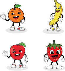 A set of vector illustrations featuring four cheerful fruit cartoon characters