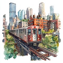 Obraz premium Watercolor painting of an elevated train passing through a dense cityscape, on isolated white background