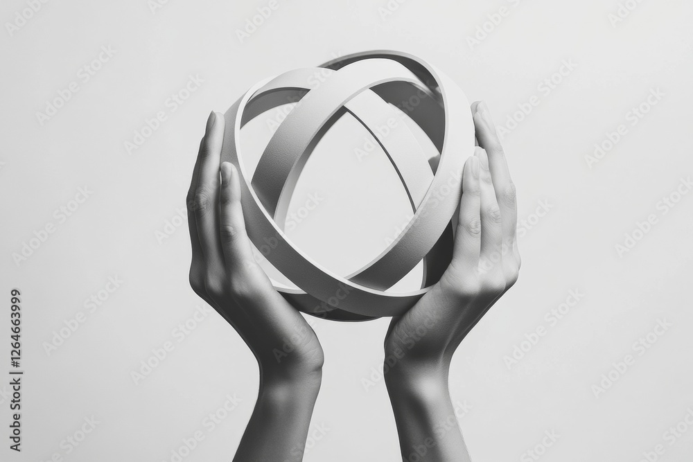Poster Minimalist Geometric Sculpture Hands Holding Abstract Globe for Digital Branding - Modern Unity Concept in Creative Marketing and Professional Collaboration