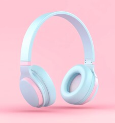 3D realistic light blue headphones. Vector illustration, on a pink background, isolated on a pastel background