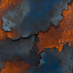 Rich metal textures with rust and blue hues create a striking visual composition