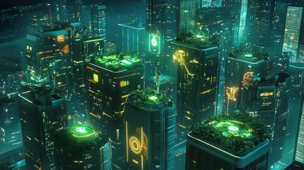 A smart city at night with glowing buildings and smart infrastructure like sensors and green tech solutions.