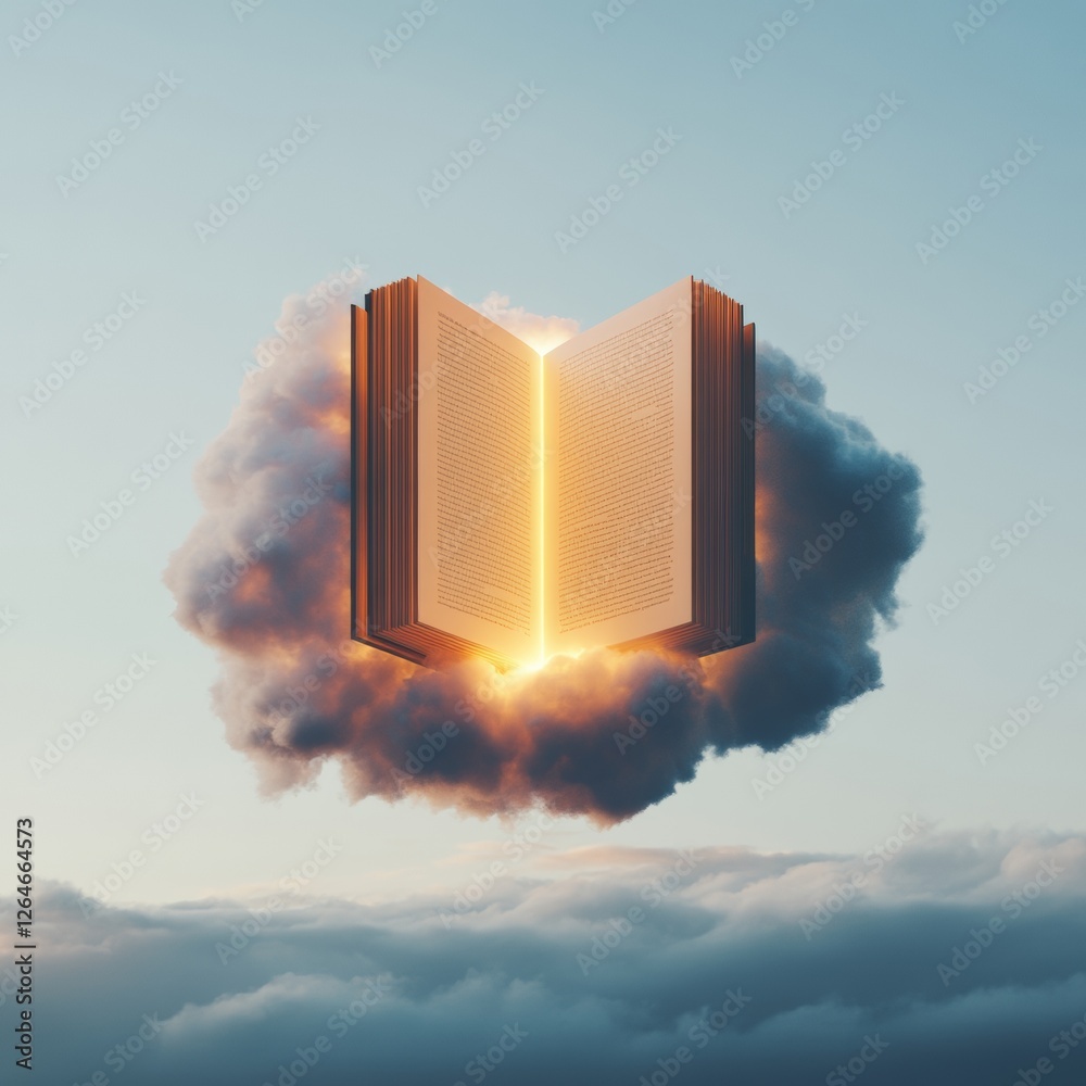 Leinwandbilder Ethereal Book Display Open Tome Floating in Luminous Clouds - Literary Content for Educational Branding and Transformative Reading Concepts
